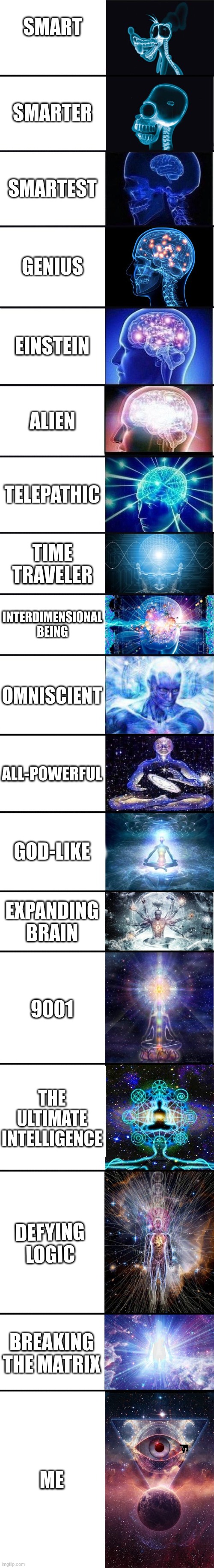 ALL POWERFUL | SMART; SMARTER; SMARTEST; GENIUS; EINSTEIN; ALIEN; TELEPATHIC; TIME TRAVELER; INTERDIMENSIONAL BEING; OMNISCIENT; ALL-POWERFUL; GOD-LIKE; EXPANDING BRAIN; 9001; THE ULTIMATE INTELLIGENCE; DEFYING LOGIC; BREAKING THE MATRIX; ME | image tagged in expanding brain 9001 | made w/ Imgflip meme maker