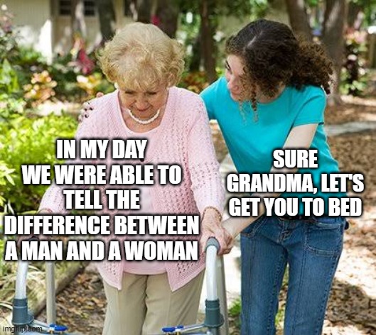 2023 | IN MY DAY WE WERE ABLE TO TELL THE DIFFERENCE BETWEEN A MAN AND A WOMAN; SURE GRANDMA, LET'S GET YOU TO BED | image tagged in sure grandma let's get you to bed,2023,grandma | made w/ Imgflip meme maker