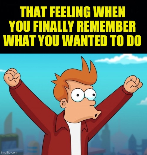 NOW I REMEMBER! | THAT FEELING WHEN YOU FINALLY REMEMBER WHAT YOU WANTED TO DO | image tagged in celebrating fry,fresh memes,funny,memes | made w/ Imgflip meme maker