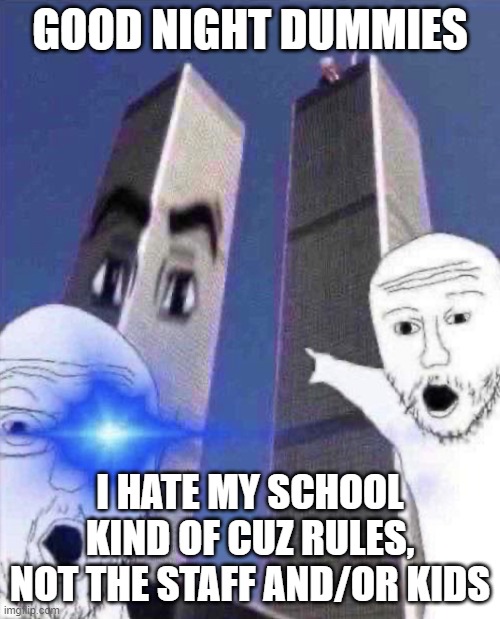 OmG TWINIES TOWER | GOOD NIGHT DUMMIES; I HATE MY SCHOOL KIND OF CUZ RULES, NOT THE STAFF AND/OR KIDS | image tagged in ong twinies tower | made w/ Imgflip meme maker