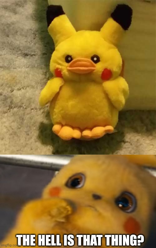 DUCKACHU? | THE HELL IS THAT THING? | image tagged in scared pikachu,pokemon,pikachu,pokemon memes,video games | made w/ Imgflip meme maker