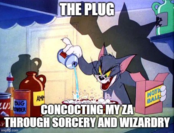 the plug | THE PLUG; CONCOCTING MY ZA THROUGH SORCERY AND WIZARDRY | image tagged in evil tom pouring stuff,wizardry,sorcery | made w/ Imgflip meme maker