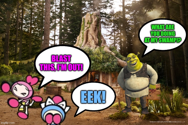 Pink Bomber and Aqua Bomber in Shrek's Swamp | WHAT ARE YOU DOING AT MY SWAMP!? BLAST THIS, I'M OUT! EEK! | made w/ Imgflip meme maker