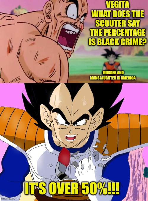 VEGITA WHAT DOES THE SCOUTER SAY THE PERCENTAGE IS BLACK CRIME? IT'S OVER 50%!!! MURDER AND MANSLAUGHTER IN AMERICA | image tagged in vegita level 9000 | made w/ Imgflip meme maker