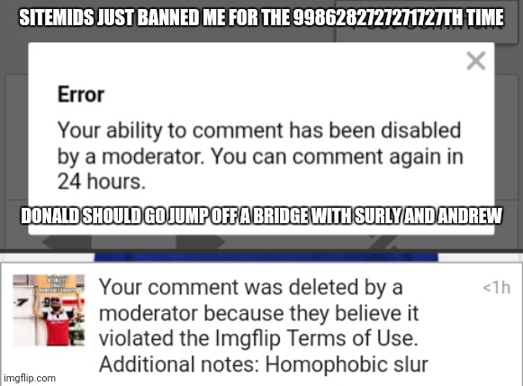 Mad | SITEMIDS JUST BANNED ME FOR THE 9986282727271727TH TIME; DONALD SHOULD GO JUMP OFF A BRIDGE WITH SURLY AND ANDREW | image tagged in banned | made w/ Imgflip meme maker