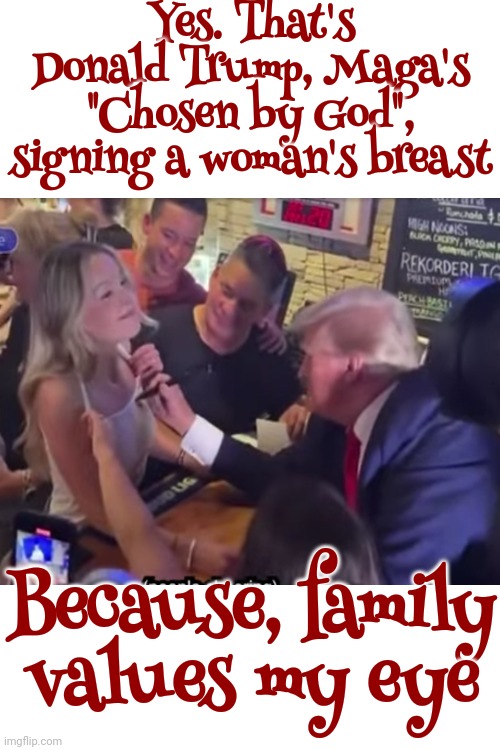 Don't Forget According To Maga And Republicans Trump Represents Evangelical Christian Values | Yes. That's Donald Trump, Maga's "Chosen by God", signing a woman's breast; Because, family values my eye | image tagged in scumbag trump,scumbag maga,scumbag republicans,deplorable donald,christian values,memes | made w/ Imgflip meme maker