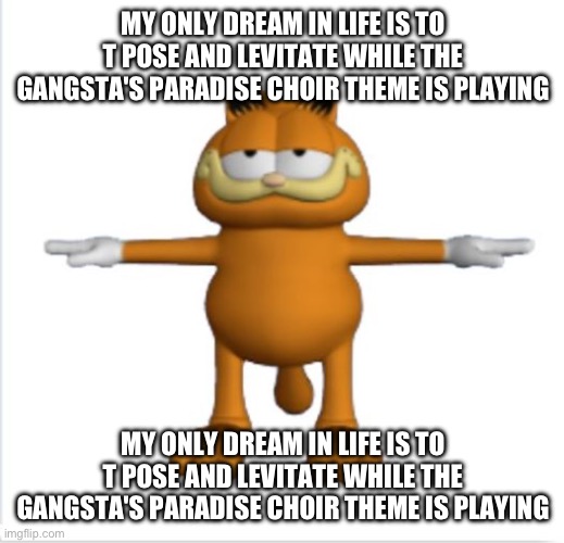 garfield t-pose | MY ONLY DREAM IN LIFE IS TO T POSE AND LEVITATE WHILE THE GANGSTA'S PARADISE CHOIR THEME IS PLAYING; MY ONLY DREAM IN LIFE IS TO T POSE AND LEVITATE WHILE THE GANGSTA'S PARADISE CHOIR THEME IS PLAYING | image tagged in garfield t-pose | made w/ Imgflip meme maker