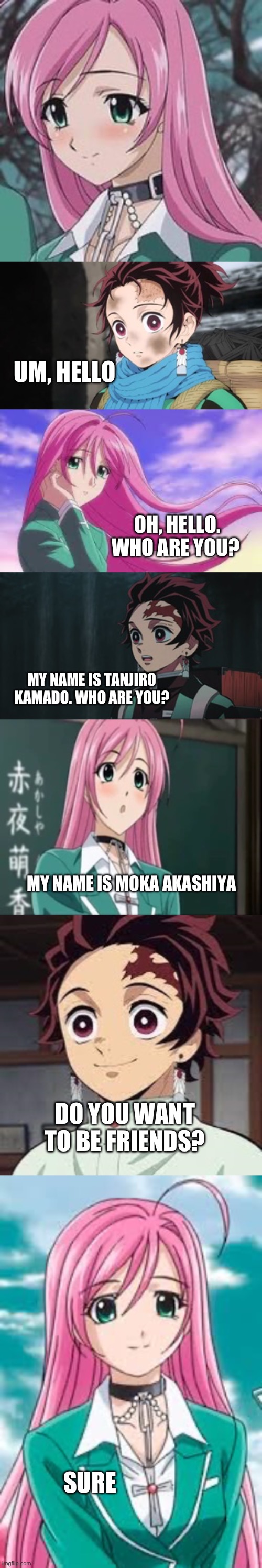 Tanjiro Kamado meet Moka Akashiya | UM, HELLO; OH, HELLO. WHO ARE YOU? MY NAME IS TANJIRO KAMADO. WHO ARE YOU? MY NAME IS MOKA AKASHIYA; DO YOU WANT TO BE FRIENDS? SURE | image tagged in anime | made w/ Imgflip meme maker