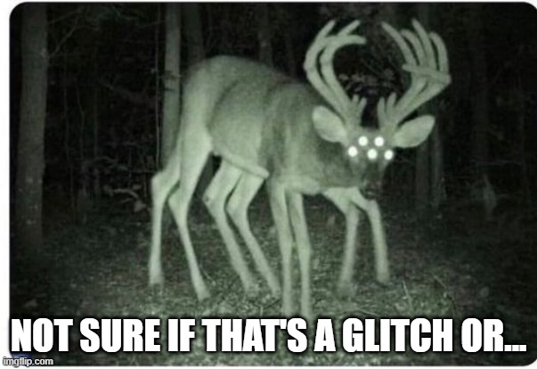 Trail Cam Scare | NOT SURE IF THAT'S A GLITCH OR... | image tagged in unsee juice | made w/ Imgflip meme maker