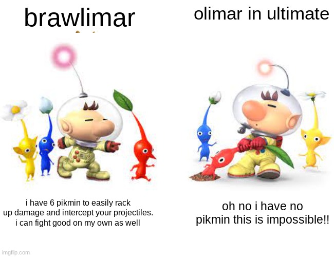Buff Doge vs. Cheems | brawlimar; olimar in ultimate; i have 6 pikmin to easily rack up damage and intercept your projectiles. i can fight good on my own as well; oh no i have no pikmin this is impossible!! | image tagged in memes,buff doge vs cheems | made w/ Imgflip meme maker
