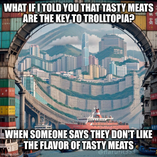a.i. for the wtf | WHAT IF I TOLD YOU THAT TASTY MEATS
ARE THE KEY TO TROLLTOPIA? WHEN SOMEONE SAYS THEY DON'T LIKE
THE FLAVOR OF TASTY MEATS | image tagged in trolltopia | made w/ Imgflip meme maker