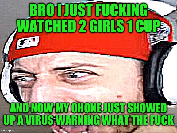 Disgusted | BRO I JUST FUCKING WATCHED 2 GIRLS 1 CUP; AND NOW MY OHONE JUST SHOWED UP A VIRUS WARNING WHAT THE FUCK | image tagged in disgusted | made w/ Imgflip meme maker