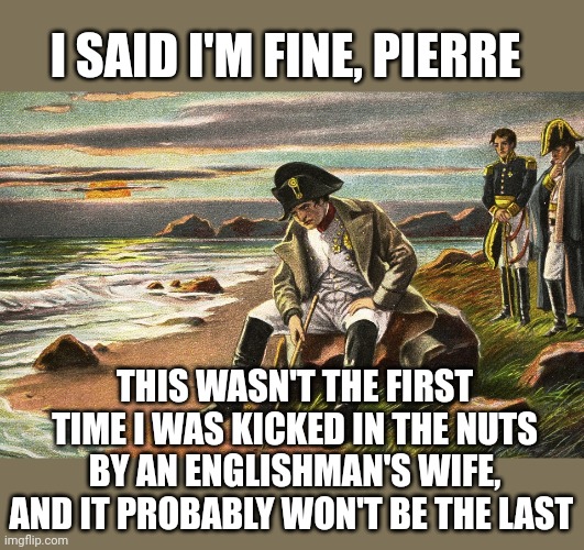He had it coming | I SAID I'M FINE, PIERRE; THIS WASN'T THE FIRST TIME I WAS KICKED IN THE NUTS BY AN ENGLISHMAN'S WIFE, AND IT PROBABLY WON'T BE THE LAST | image tagged in napoleon | made w/ Imgflip meme maker
