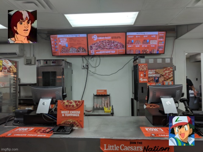 Jayce and Ash Go to Little Caesars Pizza | image tagged in pizza,pokemon,ash ketchum,animated,cartoon,boys | made w/ Imgflip meme maker