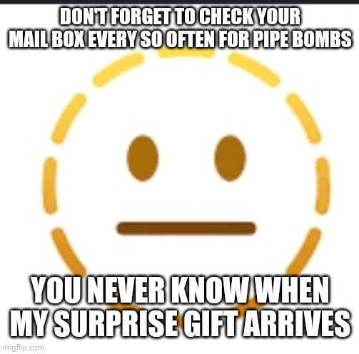 -_- | DON'T FORGET TO CHECK YOUR MAIL BOX EVERY SO OFTEN FOR PIPE BOMBS YOU NEVER KNOW WHEN MY SURPRISE GIFT ARRIVES | image tagged in -_- | made w/ Imgflip meme maker