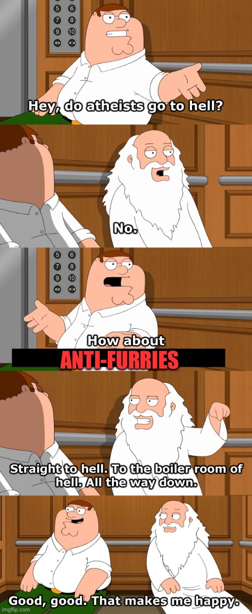 I hate you Anti Furries | ANTI-FURRIES | image tagged in family guy god in elevator,anti furry,the furry fandom,facts | made w/ Imgflip meme maker