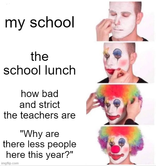 Clown Applying Makeup | my school; the school lunch; how bad and strict the teachers are; "Why are there less people here this year?" | image tagged in memes,clown applying makeup | made w/ Imgflip meme maker