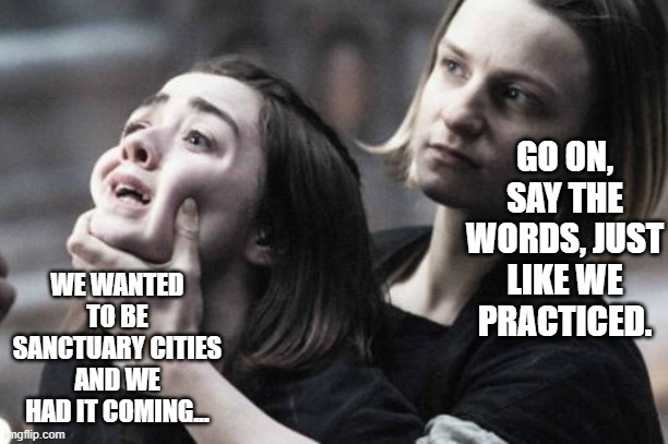 Arya Forced look | GO ON, SAY THE WORDS, JUST LIKE WE PRACTICED. WE WANTED TO BE SANCTUARY CITIES AND WE HAD IT COMING... | image tagged in arya forced look | made w/ Imgflip meme maker