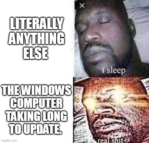 This happened to anyone else | LITERALLY ANYTHING ELSE; THE WINDOWS COMPUTER TAKING LONG TO UPDATE. | image tagged in i sleep real shit | made w/ Imgflip meme maker