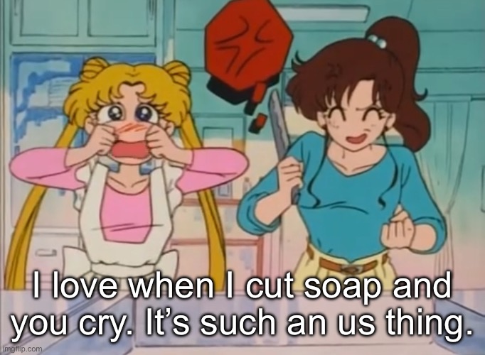 I love when I cut soap and you cry. It’s such an us thing. | image tagged in memes,sailor moon,jennamarbles,kermit,crying,soap | made w/ Imgflip meme maker