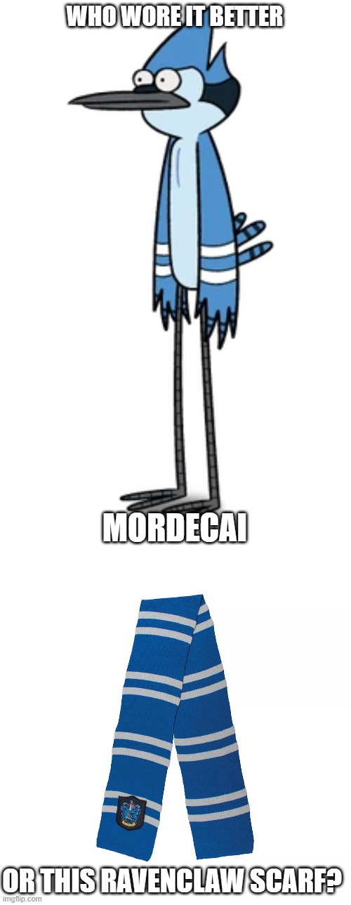 Who Wore It Better Wednesday #177 - Blue with white stripes | WHO WORE IT BETTER; MORDECAI; OR THIS RAVENCLAW SCARF? | image tagged in memes,who wore it better,regular show,ravenclaw,cartoon network,hogwarts | made w/ Imgflip meme maker