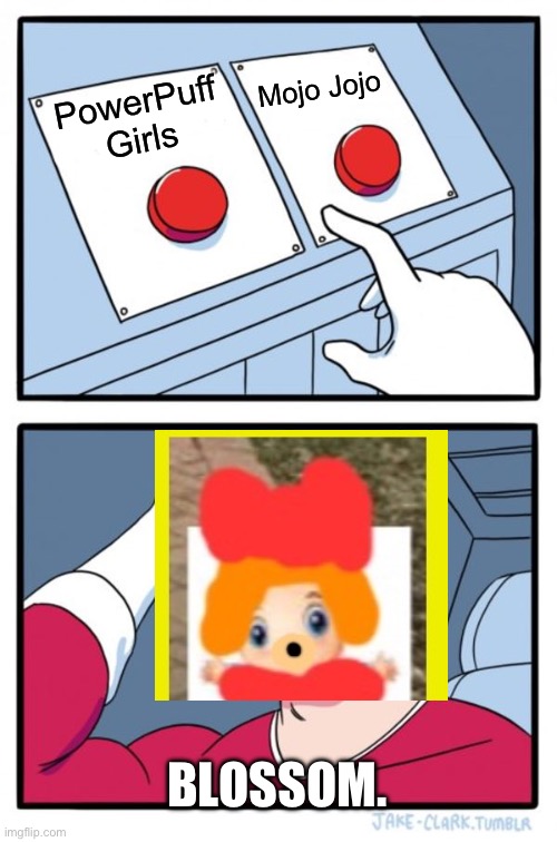 The PowerPuff Girls! | Mojo Jojo; PowerPuff Girls; BLOSSOM. | image tagged in memes,two buttons | made w/ Imgflip meme maker