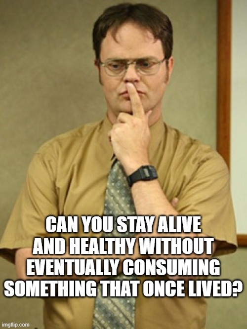 CAN YOU STAY ALIVE AND HEALTHY WITHOUT EVENTUALLY CONSUMING SOMETHING THAT ONCE LIVED? | image tagged in dwight schrute thought | made w/ Imgflip meme maker