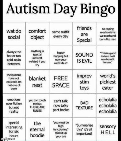 . | image tagged in autism bingo | made w/ Imgflip meme maker