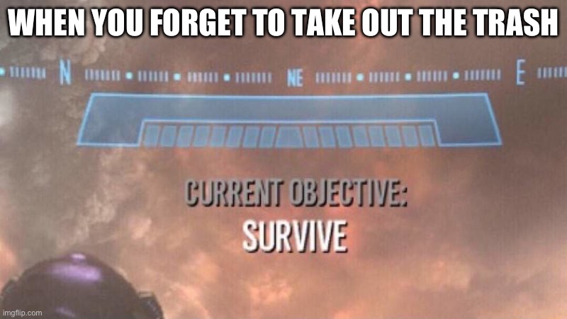 Current Objective: Survive | WHEN YOU FORGET TO TAKE OUT THE TRASH | image tagged in current objective survive | made w/ Imgflip meme maker
