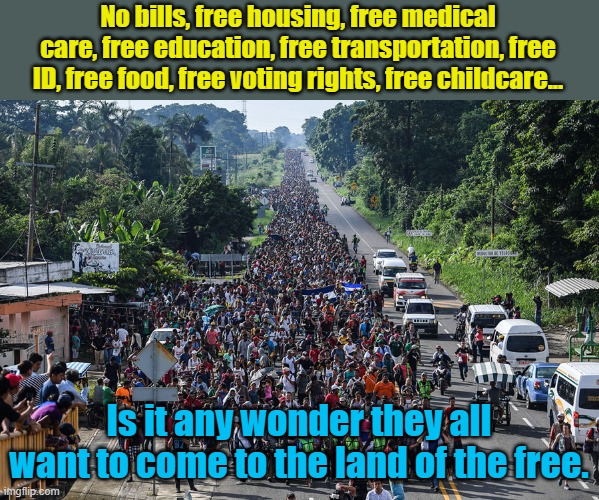 My best friends are Mexicans, they didn't come here for free stuff, they came legally for opportunity and to escape cartels. | No bills, free housing, free medical care, free education, free transportation, free ID, free food, free voting rights, free childcare... Is it any wonder they all want to come to the land of the free. | image tagged in immigrant caravan | made w/ Imgflip meme maker