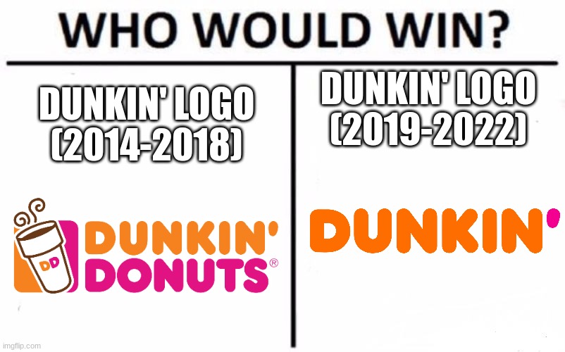 Who Would Win? Meme | DUNKIN' LOGO (2019-2022); DUNKIN' LOGO (2014-2018) | image tagged in memes,who would win,dunkin',dunkin donuts | made w/ Imgflip meme maker