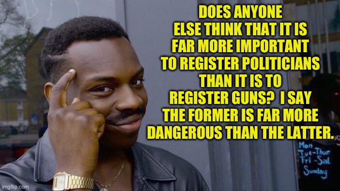 Register | DOES ANYONE ELSE THINK THAT IT IS FAR MORE IMPORTANT TO REGISTER POLITICIANS THAN IT IS TO REGISTER GUNS?  I SAY THE FORMER IS FAR MORE DANGEROUS THAN THE LATTER. | image tagged in memes,roll safe think about it | made w/ Imgflip meme maker
