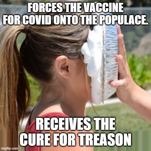 Memes, Pie In Face | FORCES THE VACCINE FOR COVID ONTO THE POPULACE. RECEIVES THE CURE FOR TREASON | image tagged in memes pie in face | made w/ Imgflip meme maker