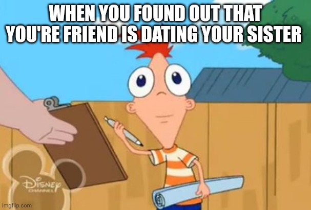 That's crazy | WHEN YOU FOUND OUT THAT YOU'RE FRIEND IS DATING YOUR SISTER | image tagged in phineas front face | made w/ Imgflip meme maker