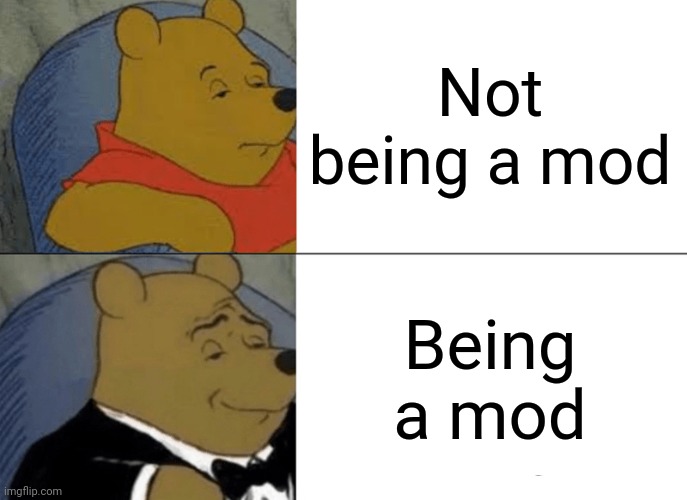 Tuxedo Winnie The Pooh Meme | Not being a mod; Being a mod | image tagged in memes,tuxedo winnie the pooh | made w/ Imgflip meme maker