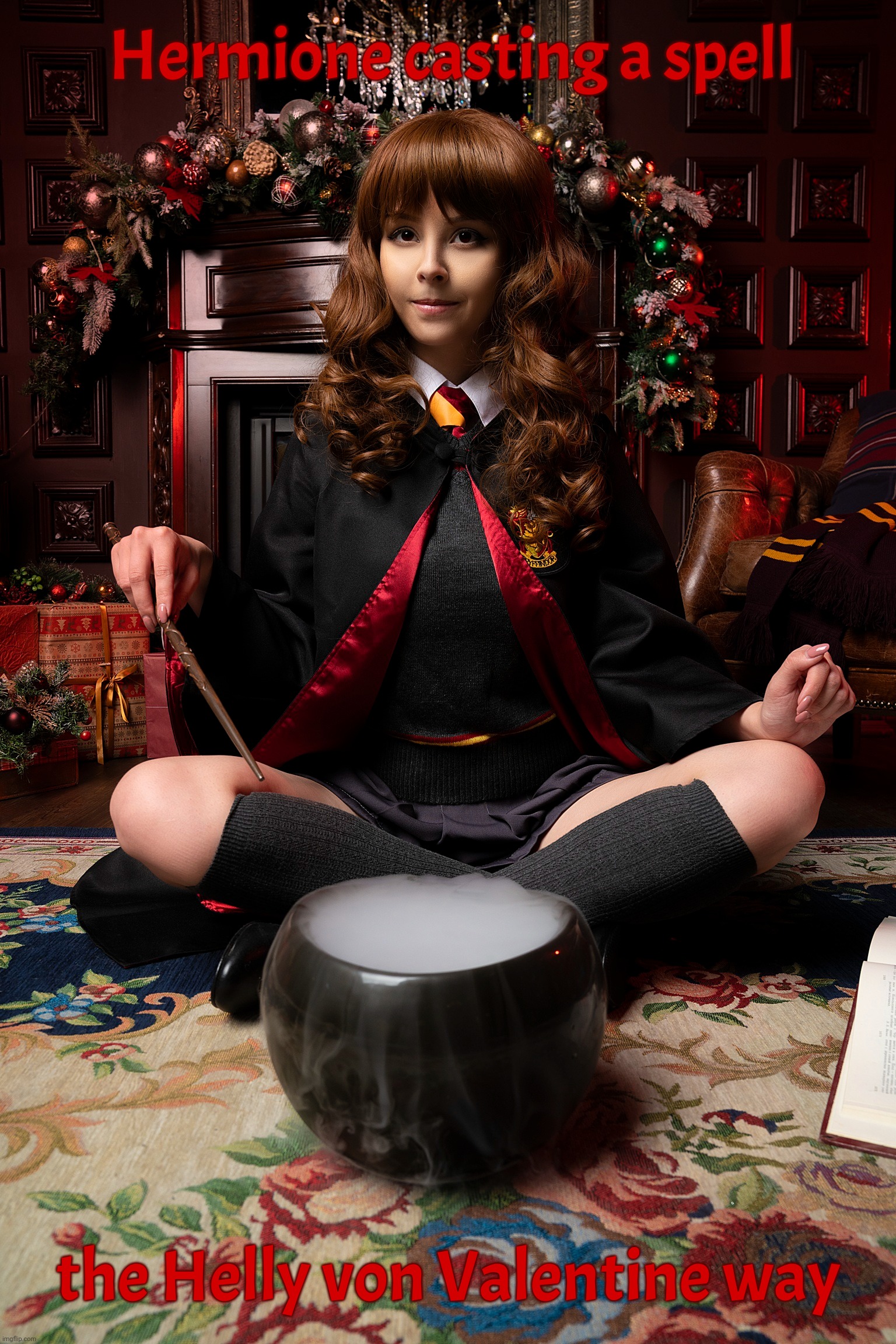 Hermione a la Helly von Valentine | Hermione casting a spell the Helly von Valentine way | image tagged in helly von valentine,hermione granger,harry potter,casting a spell,cosplay | made w/ Imgflip meme maker
