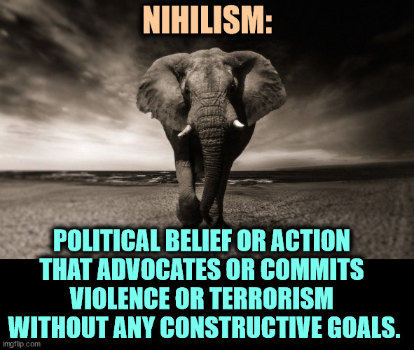 Nihilism is not conservative. | NIHILISM:; POLITICAL BELIEF OR ACTION 
THAT ADVOCATES OR COMMITS 
VIOLENCE OR TERRORISM 
WITHOUT ANY CONSTRUCTIVE GOALS. | image tagged in maga,republican party,nihilism,anarchy,chaos,evil | made w/ Imgflip meme maker