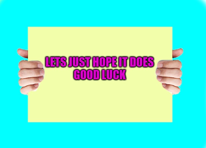 LETS JUST HOPE IT DOES
GOOD LUCK | image tagged in hands holding sign by kewlew the best memer on the planet | made w/ Imgflip meme maker