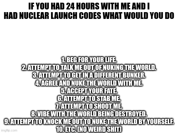 Nuclear launch codes. | 1. BEG FOR YOUR LIFE.
2. ATTEMPT TO TALK ME OUT OF NUKING THE WORLD.
3. ATTEMPT TO GET IN A DIFFERENT BUNKER.
4. AGREE AND NUKE THE WORLD WITH ME.
5. ACCEPT YOUR FATE.
6. ATTEMPT TO STAB ME.
7. ATTEMPT TO SHOOT ME.
8. VIBE WITH THE WORLD BEING DESTROYED.
9. ATTEMPT TO KNOCK ME OUT TO NUKE THE WORLD BY YOURSELF.
10. ETC. (NO WEIRD SHIT); IF YOU HAD 24 HOURS WITH ME AND I HAD NUCLEAR LAUNCH CODES WHAT WOULD YOU DO | image tagged in nuclear,launch,codes,please | made w/ Imgflip meme maker