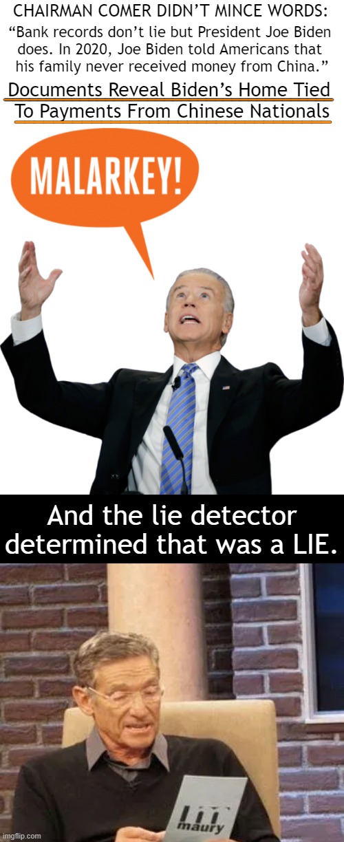 Joe Biden, LIAR | _______________________________________; CHAIRMAN COMER DIDN’T MINCE WORDS:; “Bank records don’t lie but President Joe Biden 
does. In 2020, Joe Biden told Americans that 
his family never received money from China.”; Documents Reveal Biden’s Home Tied 
To Payments From Chinese Nationals; _________________________________; And the lie detector determined that was a LIE. | image tagged in politics,liar,bribery,made in china,political humor,corruption | made w/ Imgflip meme maker