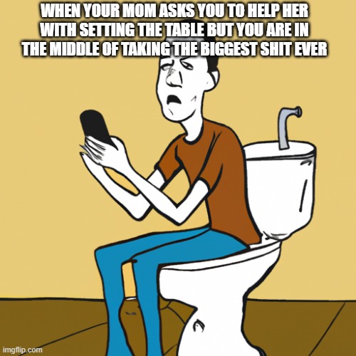 whaen you are taking a shit | WHEN YOUR MOM ASKS YOU TO HELP HER WITH SETTING THE TABLE BUT YOU ARE IN THE MIDDLE OF TAKING THE BIGGEST SHIT EVER | image tagged in guy confused at the toilet | made w/ Imgflip meme maker
