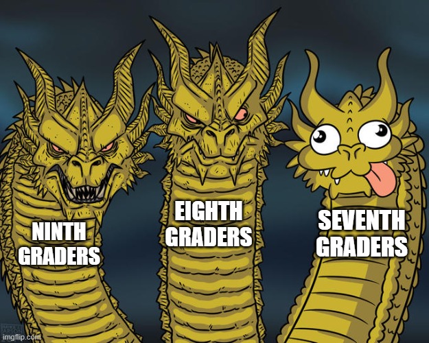 Bad humor at its worst | EIGHTH GRADERS; SEVENTH GRADERS; NINTH GRADERS | image tagged in three-headed dragon | made w/ Imgflip meme maker