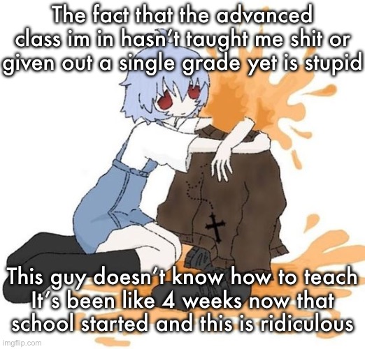 rei | The fact that the advanced class im in hasn’t taught me shit or given out a single grade yet is stupid; This guy doesn’t know how to teach
It’s been like 4 weeks now that school started and this is ridiculous | image tagged in rei | made w/ Imgflip meme maker