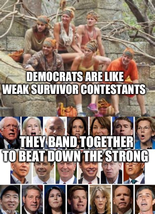 Democrat motto: Weakness is our strength | DEMOCRATS ARE LIKE WEAK SURVIVOR CONTESTANTS; THEY BAND TOGETHER TO BEAT DOWN THE STRONG | image tagged in democrats,funny memes,incompetence,weakness | made w/ Imgflip meme maker