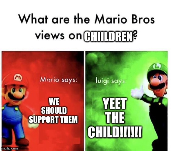 Mario Bros Views | CHIILDREN; WE SHOULD SUPPORT THEM; YEET THE CHILD!!!!!! | image tagged in mario bros views | made w/ Imgflip meme maker
