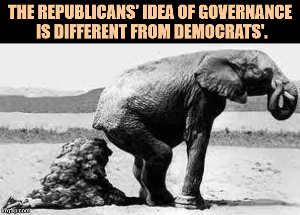 How Republicans run a government. | THE REPUBLICANS' IDEA OF GOVERNANCE 
IS DIFFERENT FROM DEMOCRATS'. | image tagged in elephant poopy,republicans,republican party,incompetence | made w/ Imgflip meme maker