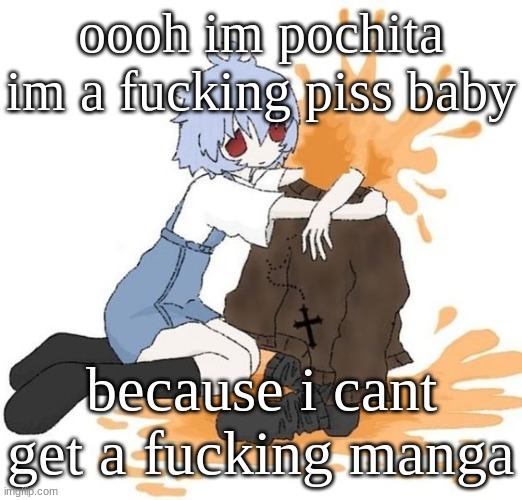 rei | oooh im pochita im a fucking piss baby; because i cant get a fucking manga | image tagged in rei | made w/ Imgflip meme maker