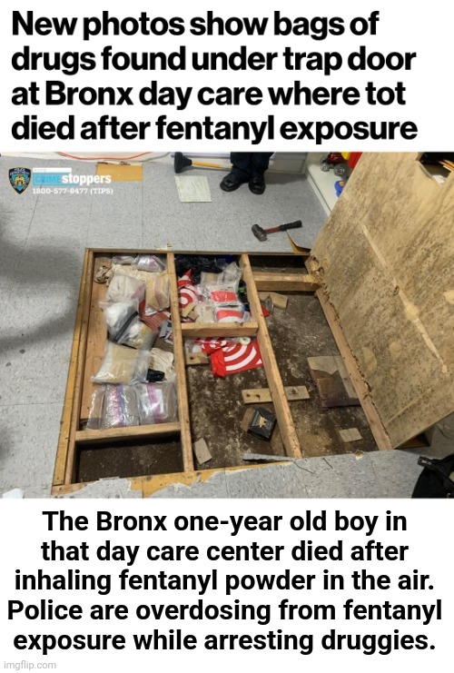 The Bronx one-year old boy in
that day care center died after
inhaling fentanyl powder in the air.
Police are overdosing from fentanyl
expos | made w/ Imgflip meme maker