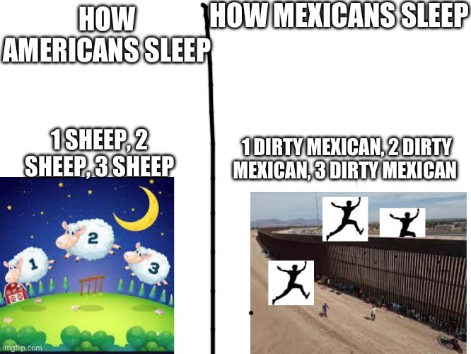 It triggers ptsd | HOW MEXICANS SLEEP; HOW AMERICANS SLEEP; 1 SHEEP, 2 SHEEP, 3 SHEEP; 1 DIRTY MEXICAN, 2 DIRTY MEXICAN, 3 DIRTY MEXICAN | image tagged in illegal immigration | made w/ Imgflip meme maker