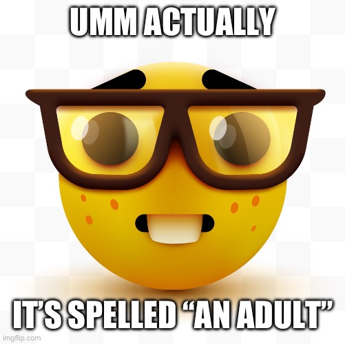 Nerd emoji | UMM ACTUALLY IT’S SPELLED “AN ADULT” | image tagged in nerd emoji | made w/ Imgflip meme maker